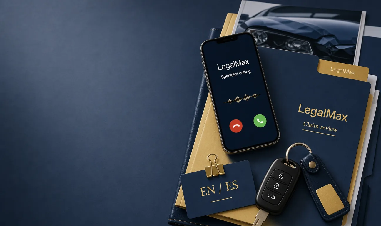 LegalMax llamando a un cliente tras un accidente — carpeta de revisión de reclamo, llaves del auto y tarjeta bilingüe EN/ES